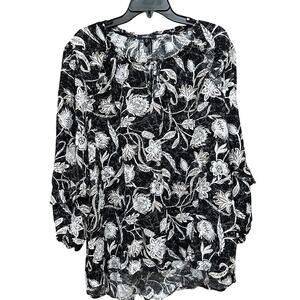 Angels Forever Young Blouse Women 3X Black White Floral Peasant Top Boho Sheer